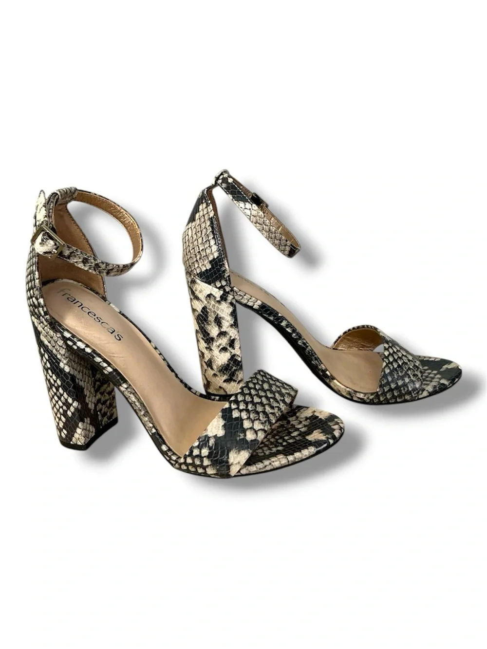 Francesca’s snake print embossed ankle strap heels